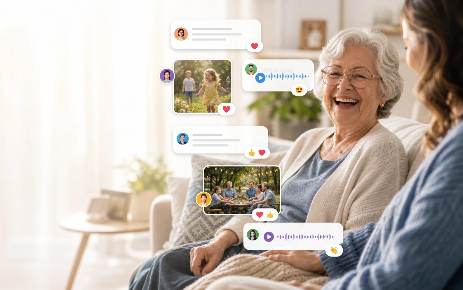 Petalz live messaging app preview with family photos and voice messages