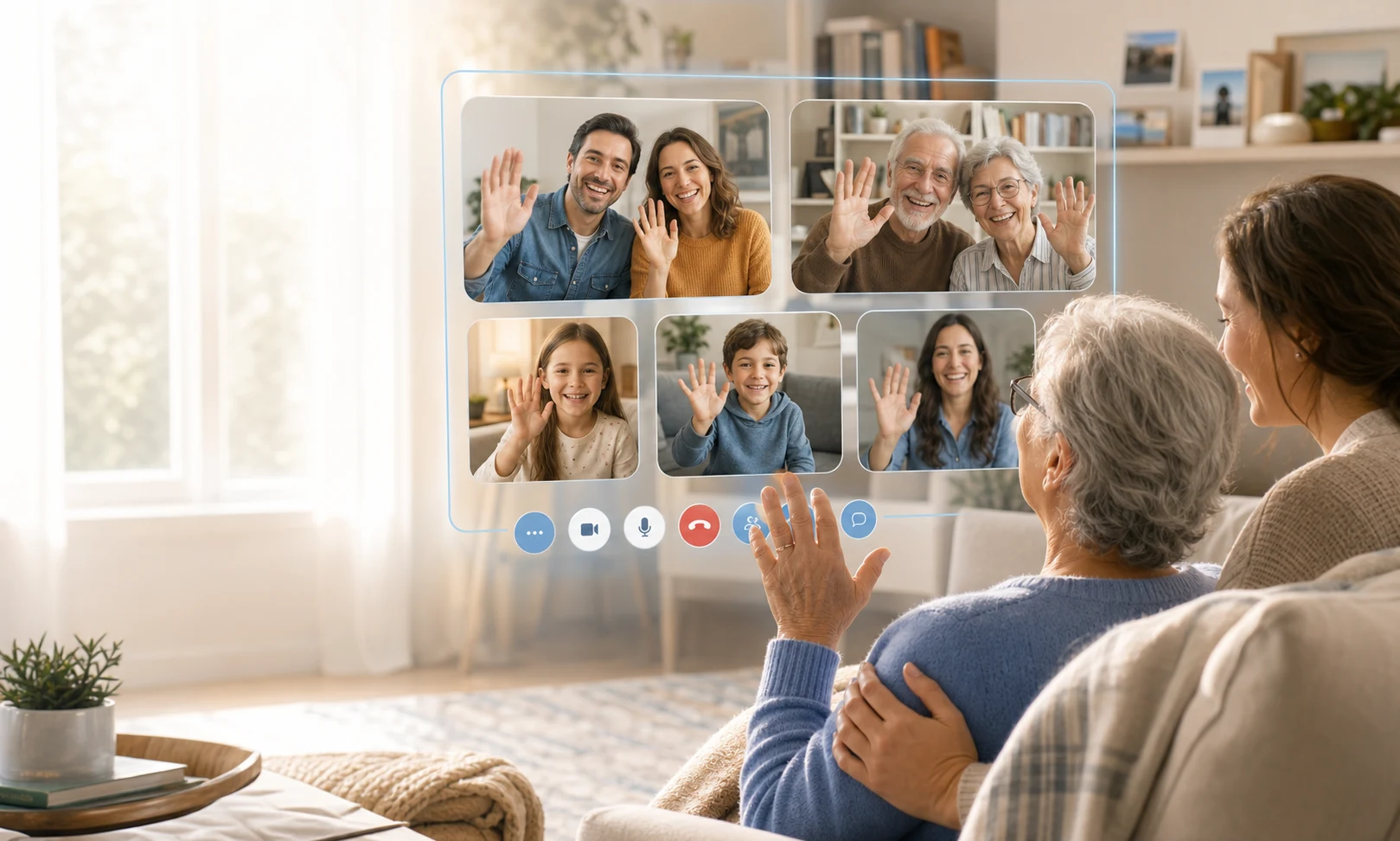 Petalz video calling app preview on a living room side table