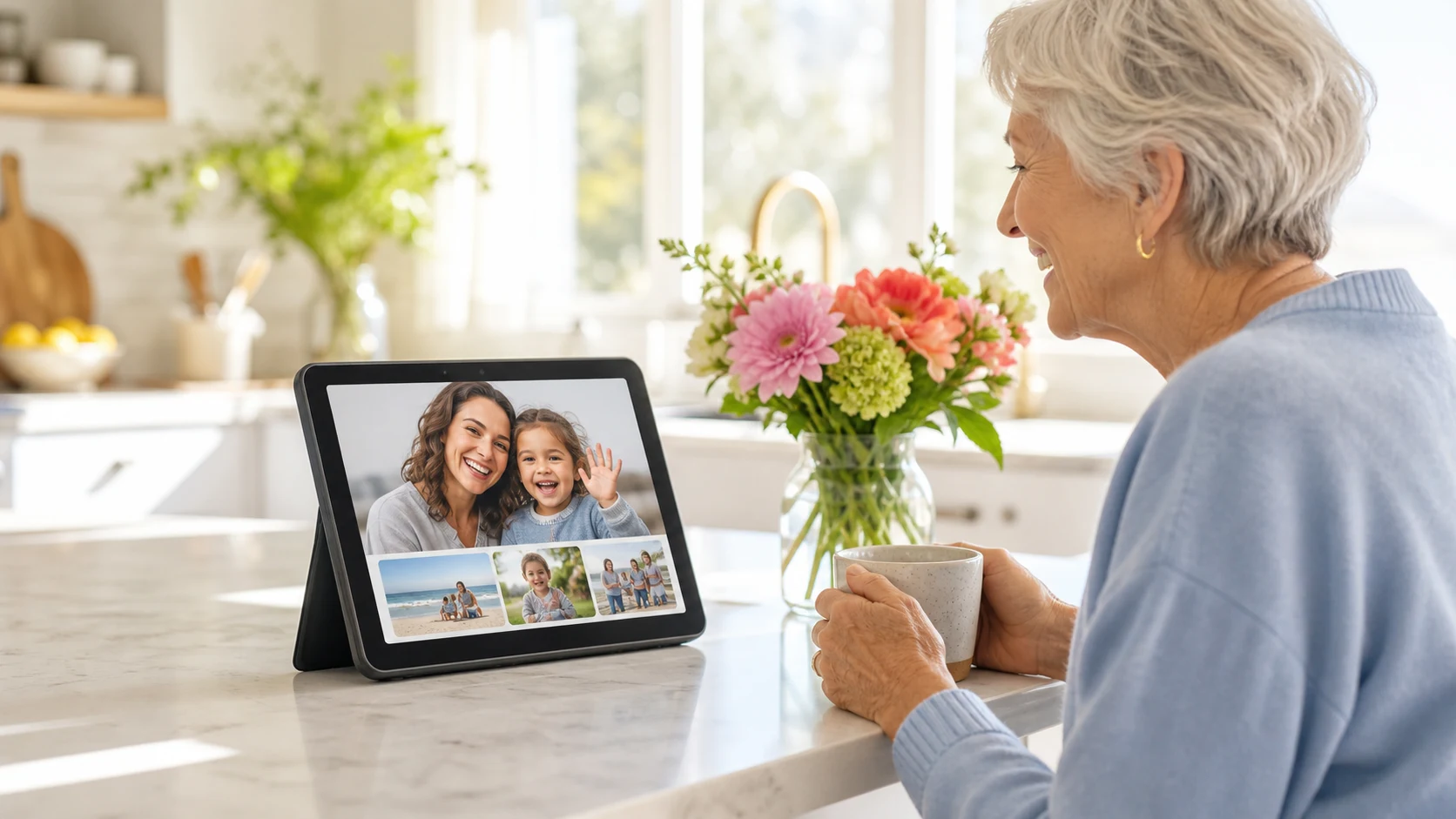 Petalz tablet on a kitchen counter showing family content