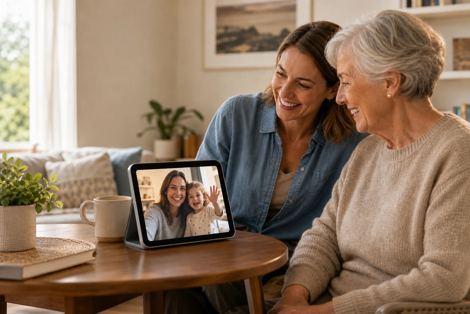 Adult daughter and older parent smiling beside a connected display showing a video hello from family