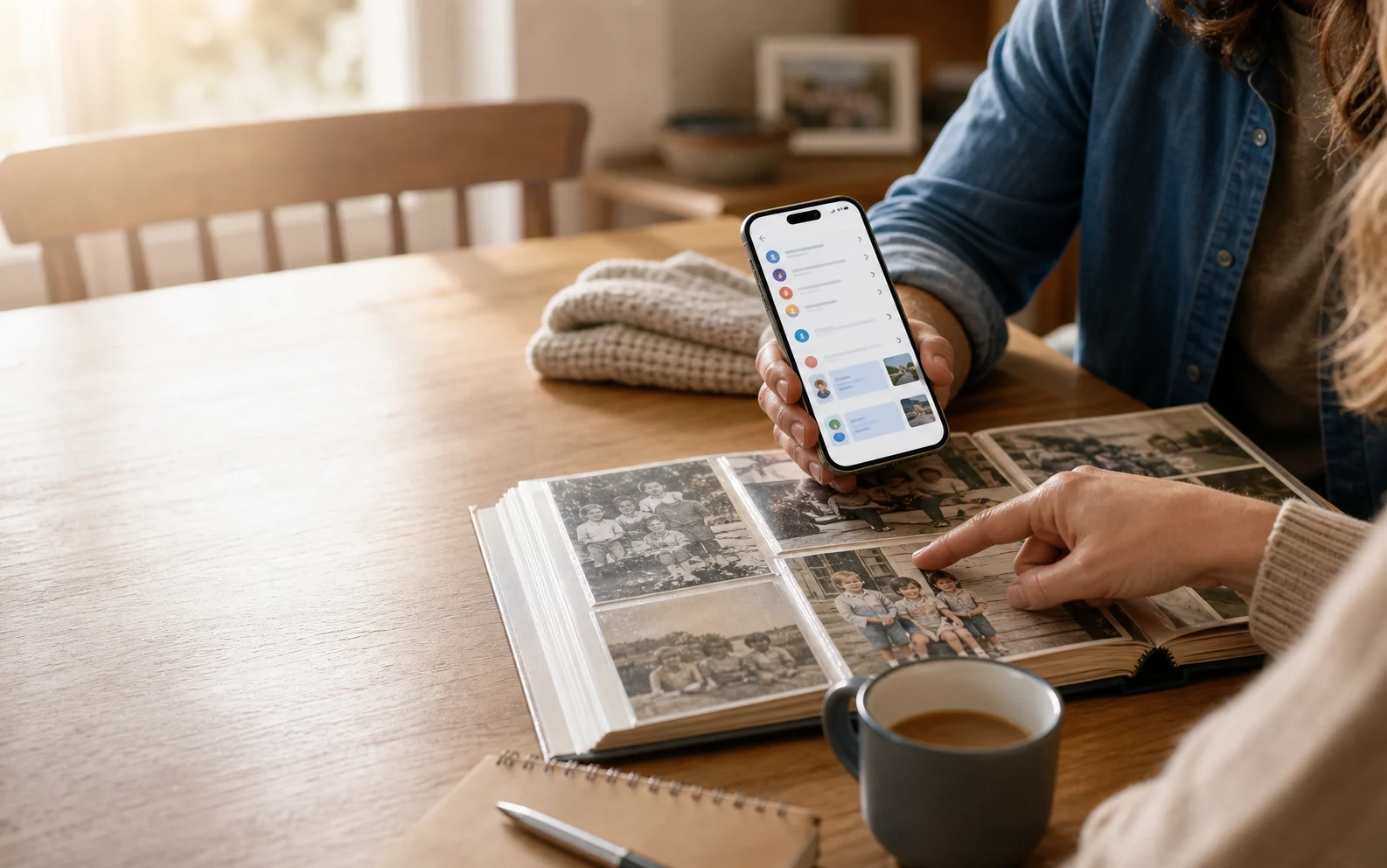 Family photos and Petalz app preview arranged on a bright table