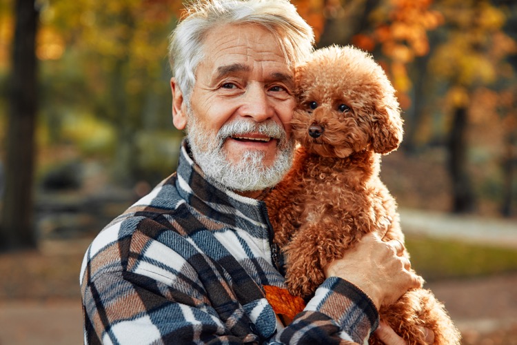 Man with dog in autumn park