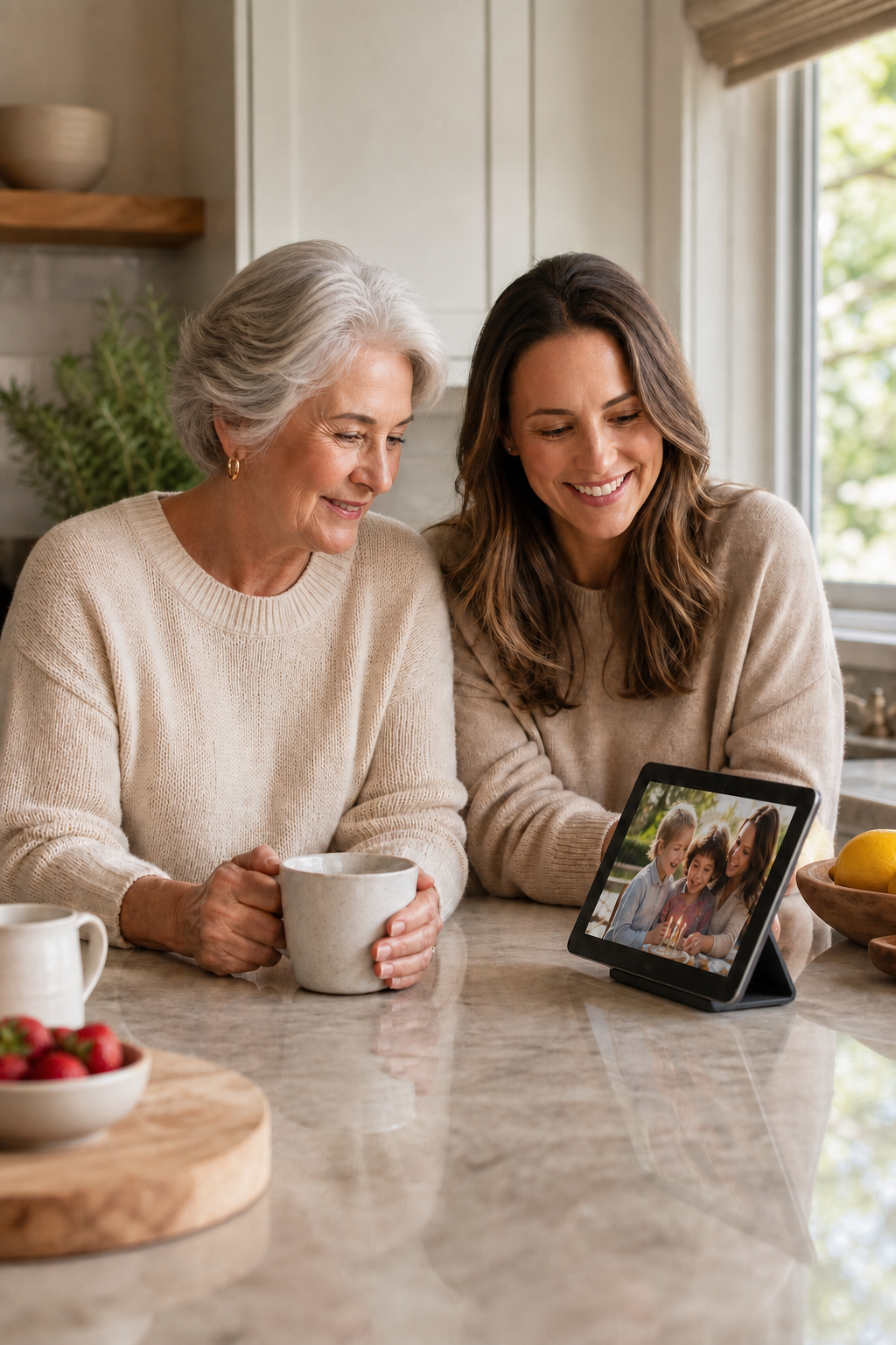 Older mother and adult daughter sharing a warm moment beside a tablet on the kitchen counter